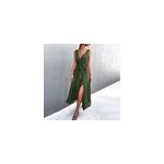 Femmes sexy col v bownot sans manches fendu robe longue slim, vert militaire / m