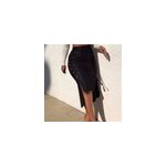 Jupe en cuir pour femmes, couleur unie,  taille haute et fente avec boutons latraux, noir / m