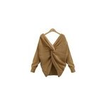 Pull  dos torsad en tricot  manches longues et col en v pour femmes sexy, kaki