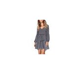 Robe col v en coton  carreaux imprims  manches longues et bouffantes pour femme, m