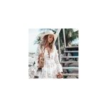 Robe de couverture de plage boho en tricot dentelle avec col en v pour femme, blanc / m