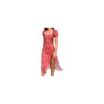 Robe f�minine d�collet�e � encolure carr�e, manches bouffantes et fente haute, imprim� floral, rouge ...