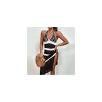 Sexy halter v - neck knitted striped bikini swimsuit over cover - up beach dress, noir