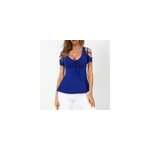 T - shirt  manches courtes avec col en v, n ud et bretelles croises pour femme, bleu / m