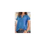 Tops � manches courtes avec col en v et broderie florale pour femmes, style boh�me, bleu / m