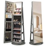 3 en 1 armoire � bijoux sur pieds costway, pivotante � 360, lumi�res led 3 couleurs, verrouillable, rangement ...