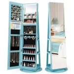 3 en 1 armoire � bijoux sur pieds costway, pivotante � 360, lumi�res led 3 couleurs, verrouillable, rangement ...