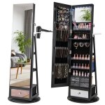 4 en 1 armoire � bijoux pivotante � 360 costway, lumi�res led et miroir, support de s�che - cheveux, ...