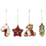 4 sujets de no�l en verre � suspendre - rouge, vert et dor�