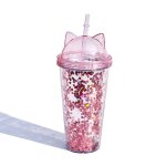 420ml - rose - bouteille d'eau en forme d'oreille de chat pour fille, avec paillettes, sans bpa, gobelet ...