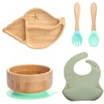 5pcs conque vert - ensemble de vaisselle en bois pour enfants, fournitures'alimentation, plats en bambou, ...