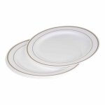 Lot de 6 assiettes en plastique r�utilisable  liser�  23cm blanc & or
