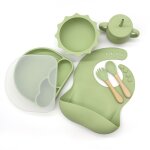 6pcs - olive - ensemble d'alimentation en silicone pour bbs, assiettes bavoir, cuillre, fourchette, ...
