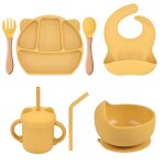 7pcs jaune - assiette a manger en silicone pour bb, bol a ventouse, tasse a bec, bavoir, cuillre, ...