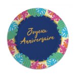 8 assiettes carton anniversaire tropical 23cm bleu