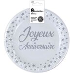 8 assiettes rondes jetables en carton blanche de 18 cm en joyeux anniversaire ref / aa1800ba