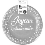 8 assiettes rondes jetables en carton grise de 23 cm en joyeux anniversaire ref / aa2300g