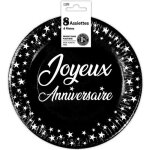 8 assiettes rondes jetables en carton noire de 18 cm en joyeux anniversaire ref / aa1800n