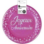 8 assiettes rondes jetables en carton rose fuchsia de 18 cm en joyeux anniversaire ref / aa1800f