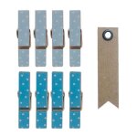 8 mini pinces � linge aimant�es bleues 3, 5 cm + 20 �tiquettes kraft fanion