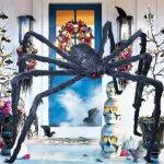 Araign�e g�ante halloween r�aliste velue noire 200 cm, yeux rouges, peluche douce, armature m�tallique, ...