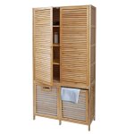 Armoire de salle de bain en bambou hwc - n83, �tag�re, armoire de rangement, 2 paniers � linge 168x82x34cm ...