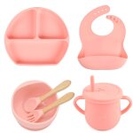 Assiette a manger en silicone pour bb, 6 pices / ensemble, avec bol a ventouse, gobelet, bavoirs cuillre ...