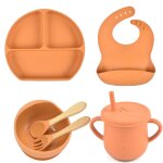 Assiette a manger en silicone pour bb, 6 pices / ensemble, avec bol a ventouse, gobelet, bavoirs cuillre ...