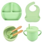 Assiette a manger en silicone pour bb, 6 pices / ensemble, avec bol a ventouse, gobelet, bavoirs cuillre ...