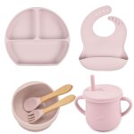 Assiette a manger en silicone pour bb, 6 pices / ensemble, avec bol a ventouse, gobelet, bavoirs cuillre ...