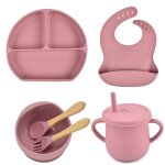 Assiette a manger en silicone pour bb, 6 pices / ensemble, avec bol a ventouse, gobelet, bavoirs cuillre ...
