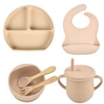Assiette a manger en silicone pour bb, 6 pices / ensemble, avec bol a ventouse, gobelet, bavoirs cuillre ...