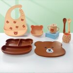 Assiette ventouse b�b� vaisselle silicone, fourche cuill�re bavoir tasses et bol, lot de 7 set repas ...