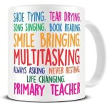 Attachage de chaussures, s�chage des larmes, saumurage du sourire, enseignant primaire multit�che - tasse ...