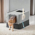 Bac a litire ferm pour chat, avec plateau amovible, pelle, brosse, large, gris anthracite et gris tourterell ...