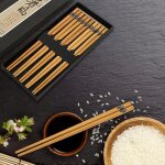 Baguettes chinoises r�utilisables en bambou, 5 paires, avec bo�te cadeau, ensemble de baguettes en bois ...