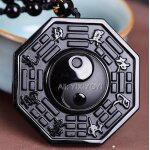 Baguette chinoise sculpte en obsidienne noire naturelle, pendentif amulette porte - bonheur + collier ...