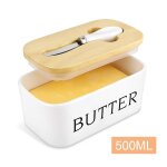 Beurrier en cramique blanche, bote a beurre nordique avec couvercle et couteau en bois, plateau de ...