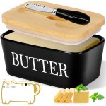 Beurrier en porcelaine, bote a beurre avec couvercle en bambou, couteau a beurre, avec eponge de nettoyage, ...
