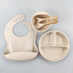 Blanc crmeux - ensemble de couverts en silicone pour bb, ventouse, assiette fendue, cuillre, fourchette ...