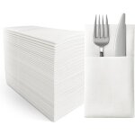 Blanc - serviette de table jetable 50 pices, toucher lin, avec sac a couverts.