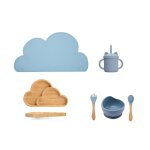 Bleu poudre 6pc - ensemble'alimentation pour bb, assiette en bois, nuages, filles en silicone, tasse ...