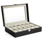 Bo�te � montres � 12 compartiments coffre � montres pr�sentoir �crin couvercle en verre coussins amovibles ...