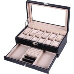 Bo�te � montre 12 compartiments verrouillable, rev�tement en noir + doublure en beige verdatre