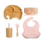 Bol d'alimentation en bambou en silicone pour bb, cuillre a motif d'lphant, vaisselle de table pour ...