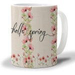 Bonjour printemps tasse a cafe 330 ml, fleur rose feuille verte aquarelle toile de jute bureau tasse ...