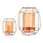 Bougeoir cuivre ambre lanterne m�tal verre (19 x 20 x 19 cm)