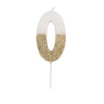 Bougie chiffre 0 cire 7. 5cm blanc paillete or