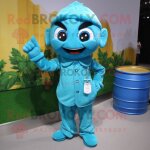 Bougie parfum�e turquoise personnage d�guisement mascotte redbrokoly habill� d'une salopette et de porte ...