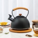 Bouilloire avec sifflet en acier inoxydable noir mat, thire a manche en bois, rsistant a la chaleur, ...